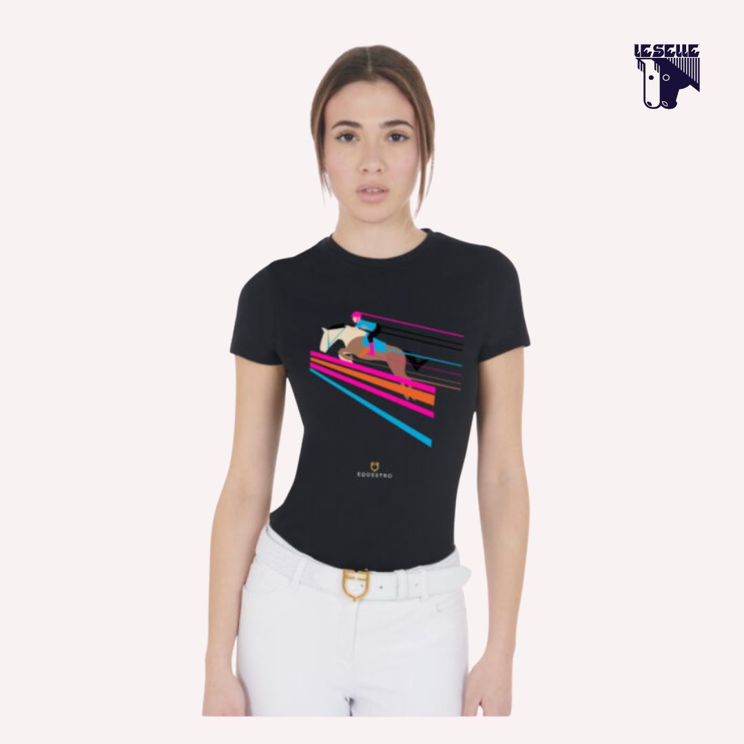 T-SHIRT SLIM FIT DISEGNO SALTO COLORATO EQUESTRO - NERO