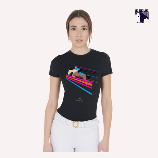 T-SHIRT SLIM FIT DISEGNO SALTO COLORATO EQUESTRO - NERO