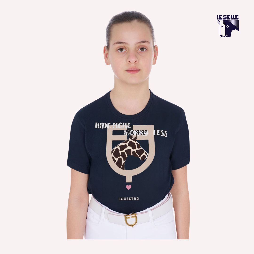 T-SHIRT DA BAMBINA RIDE MORE WORRY LESS EQUESTRO - BLU