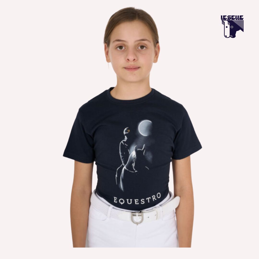 T-SHIRT BAMBINA SLIM FIT MOON RIDING EQUESTRO - BLU